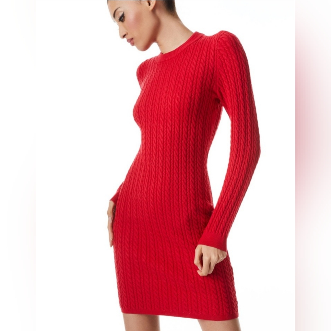 Alice + Olivia Yuna Bright Poppy Red Long Sleeve Cable Knit Sweater